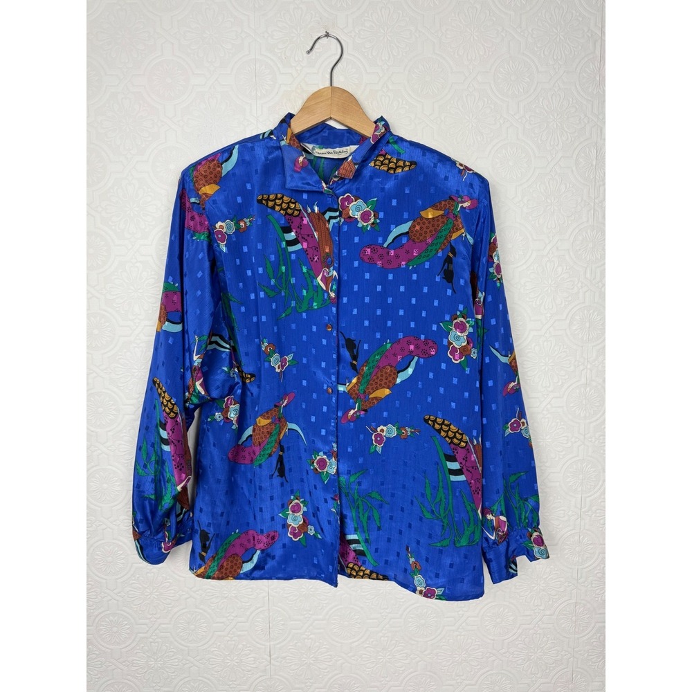 Vintage Diane von Furstenberg Blue Art Deco Novelty Print Blouse Large DVF